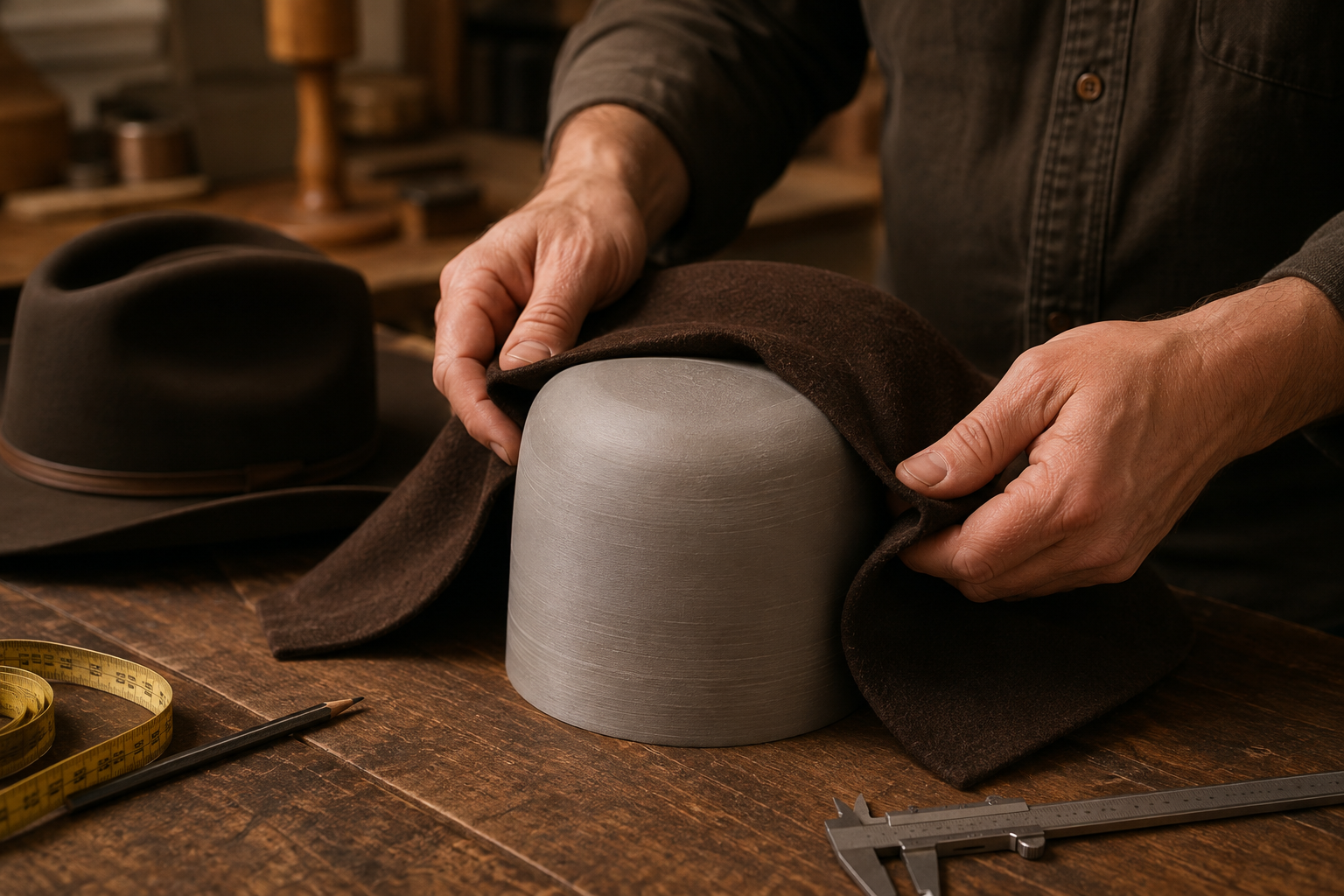 Professional hat maker shaping felt over a 3D-printed hat block