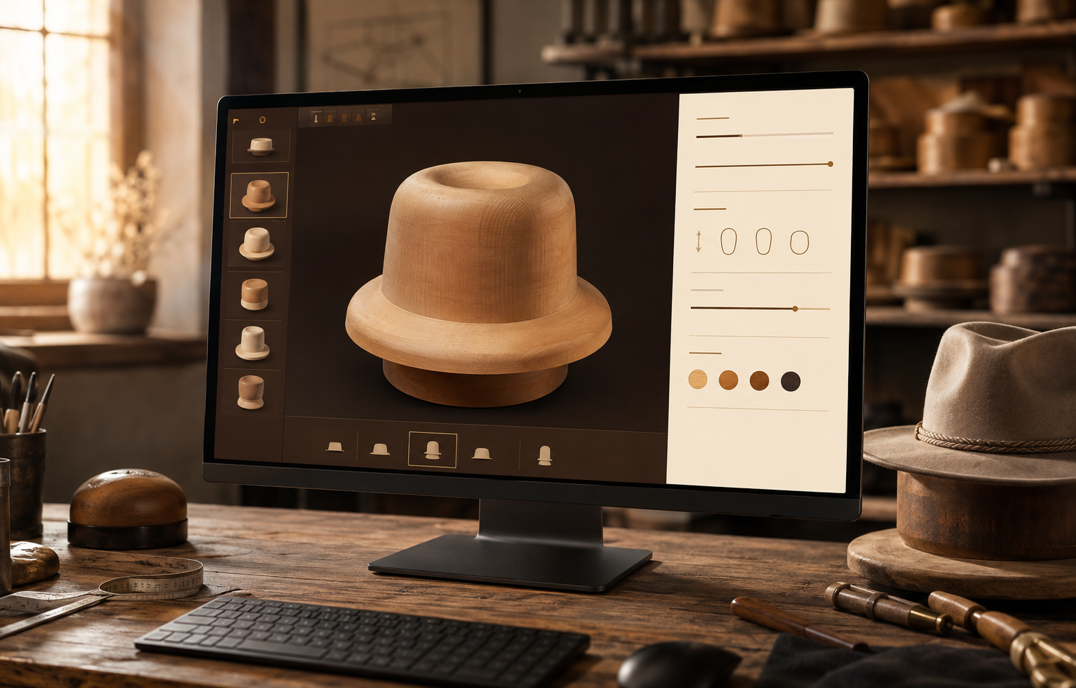 Herald Hats hat block design software displayed in a professional hat-making workshop