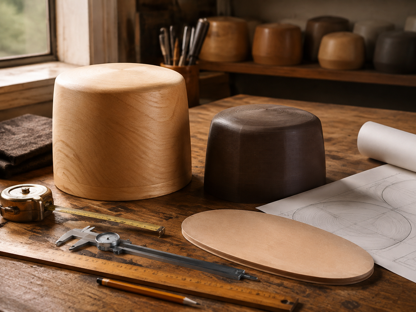 Wooden and 3D-printed hat blocks, an oval hat plate, measuring tools, and technical drawings in a hat-making workshop